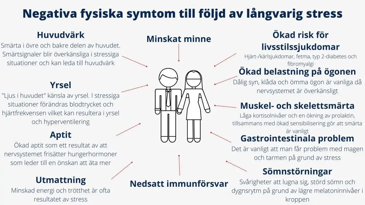 Negativa fysiska symtom vid stress: huvudvärk, yrsel, aptitförändringar, utmattning, minnesproblem, ögonbesvär, smärta, magproblem, sömnstörningar och nedsatt immunförsvar.