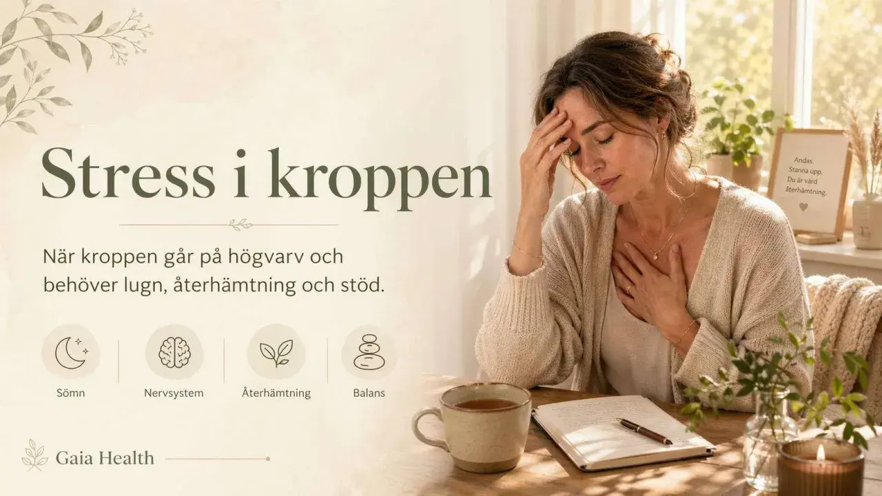 Kvinna med ont i kroppen av stress, håller handen mot bröstet. Texten "Stress i kroppen" och ikoner för sömn, nervsystem, återhämtning och balans.