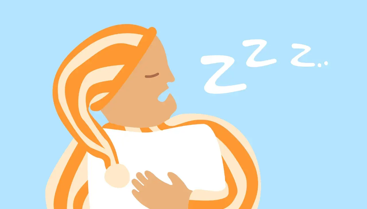 En person med orange randig mössa sover djupt och snarkar högt. Kanske dags att sluta snarka?