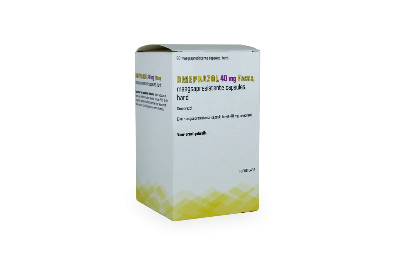 En kartong med Omeprazol 40 mg Focus, magresistenta kapslar. Kan hjälpa mot illamående. För oral användning.