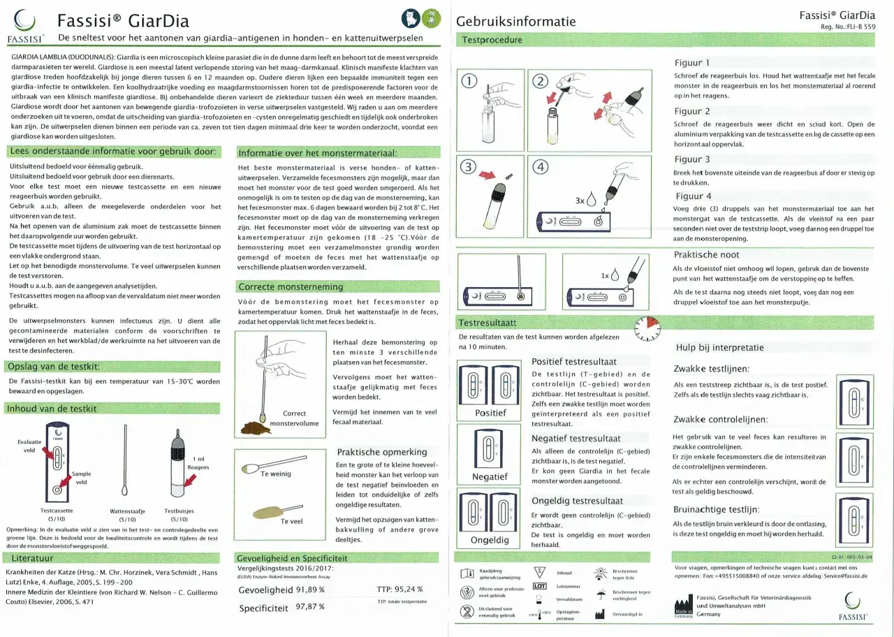 Testkit för att upptäcka giardia lamblia i avföring. Visar hur man samlar prov, utför testet och tolkar resultaten.