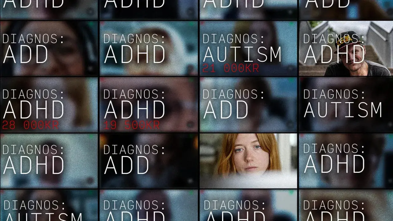 Rutnät med diagnoser som ADHD och autism. En kvinna tittar fram. En del diagnoser har priser kopplade.