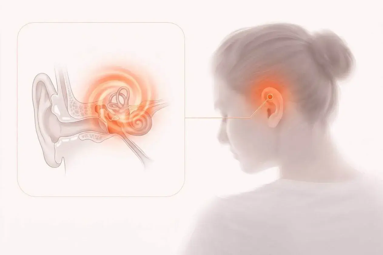 Illustration av ett öra med en detaljerad vy av innerörat som visar en röd glöd, vilket indikerar yrsel av stress.