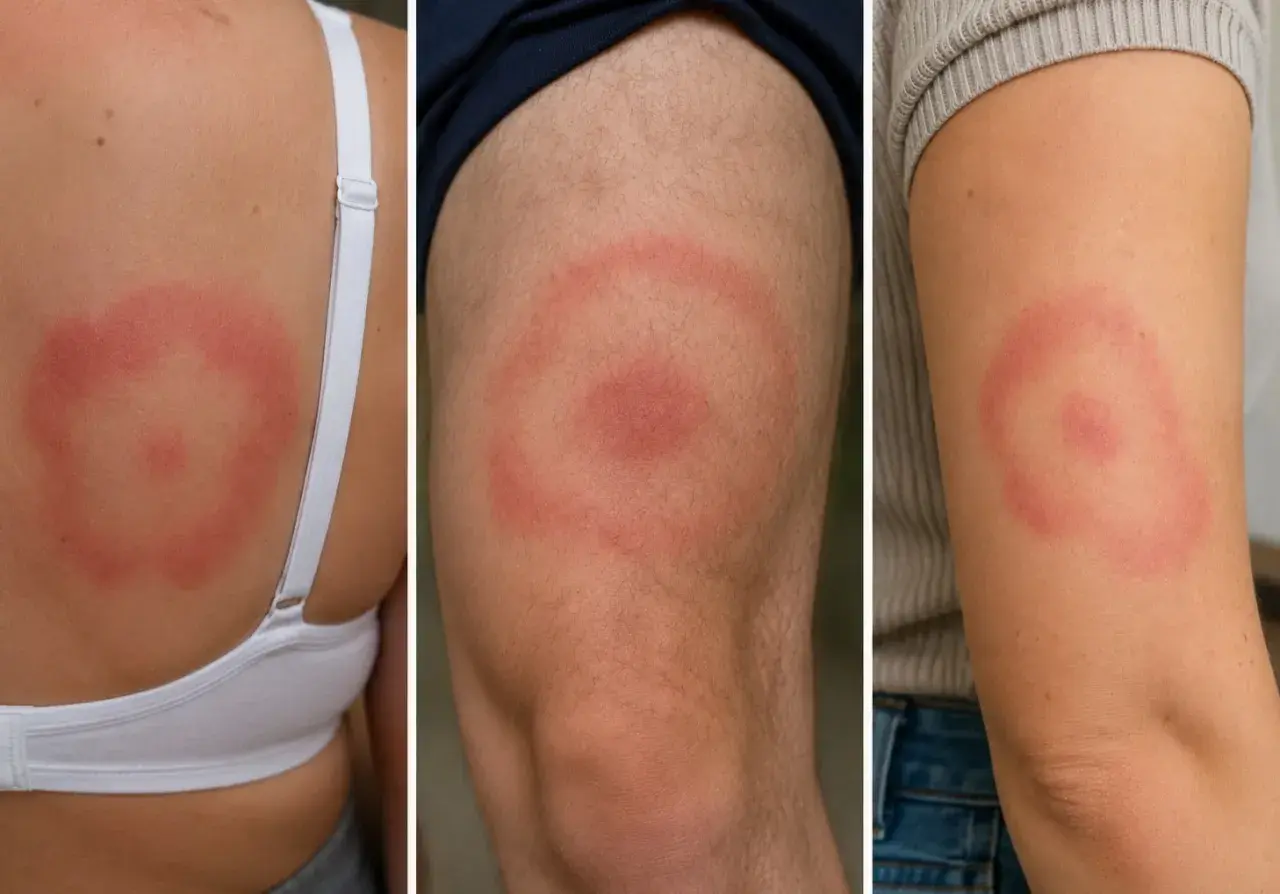 Tre bilder visar hudutslag med ringformade röda fläckar, ett tidigt tbe symtom.