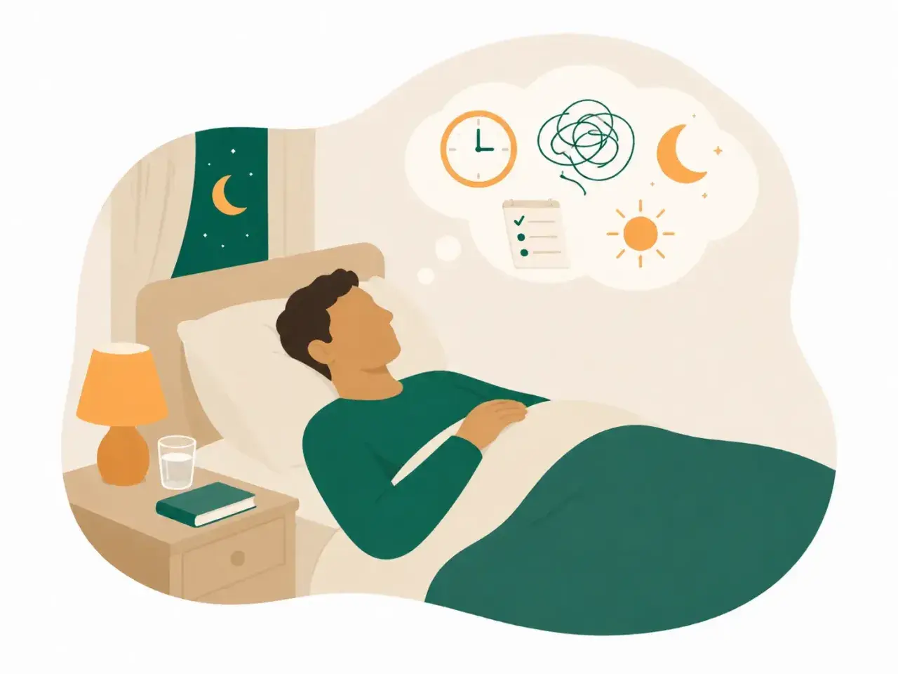 En person ligger i sängen, tankar om tid, kaos och dygnsrytm syns i en tankebubbla, vilket kan illustrera **adhd symtom**.