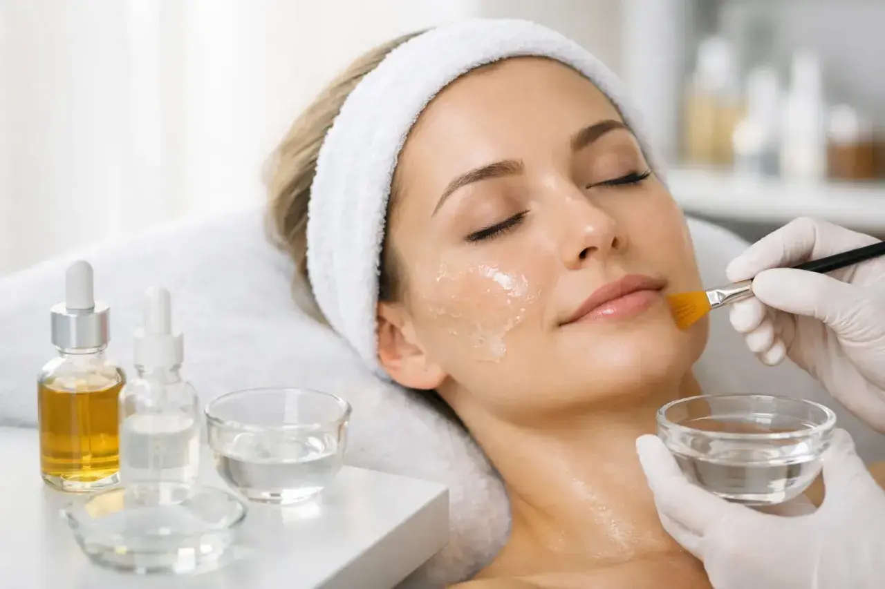 En kvinna får en ansiktsbehandling med derma peeling. En kosmetolog applicerar en gel med en pensel.