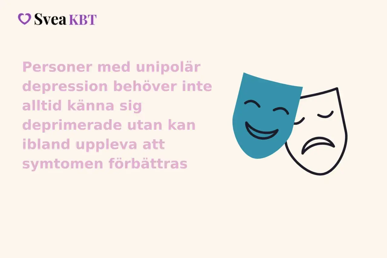 Två teatermasker, en glad och en ledsen, illustrerar att depression symtom kan variera.