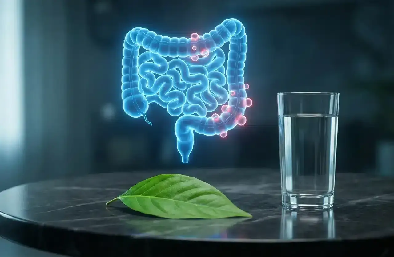 Blå neon-tarmar med röda prickar som visar inflammerade tarmfickor. Bredvid står ett glas vatten och ett grönt blad.