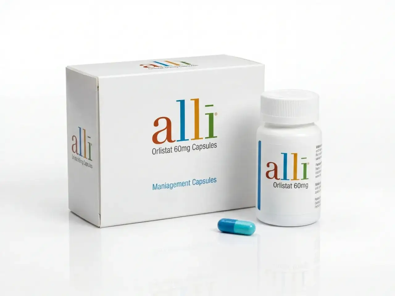 Alli Orlistat 60mg kapslar, ett receptfritt alternativ f&ouml;r viktkontroll. En f&ouml;rpackning och en burk syns, med en kapsel framf&ouml;r.