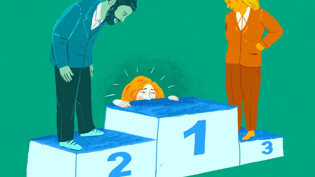 A woman peeks over a podium marked "1" while two people stand on higher podiums.