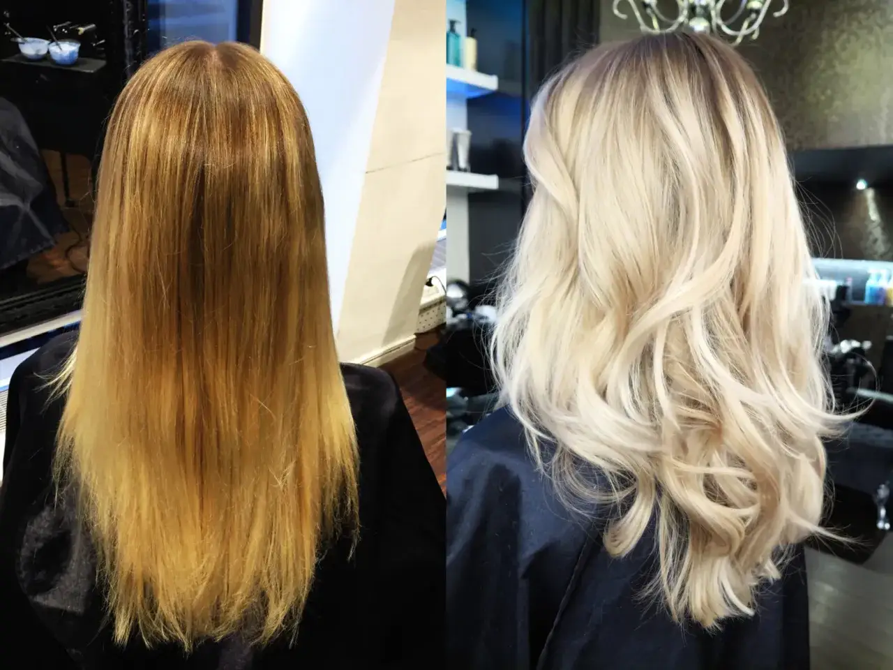 F&ouml;re och efter: slitet h&aring;r f&ouml;rvandlas till gl&auml;nsande blont med volym.