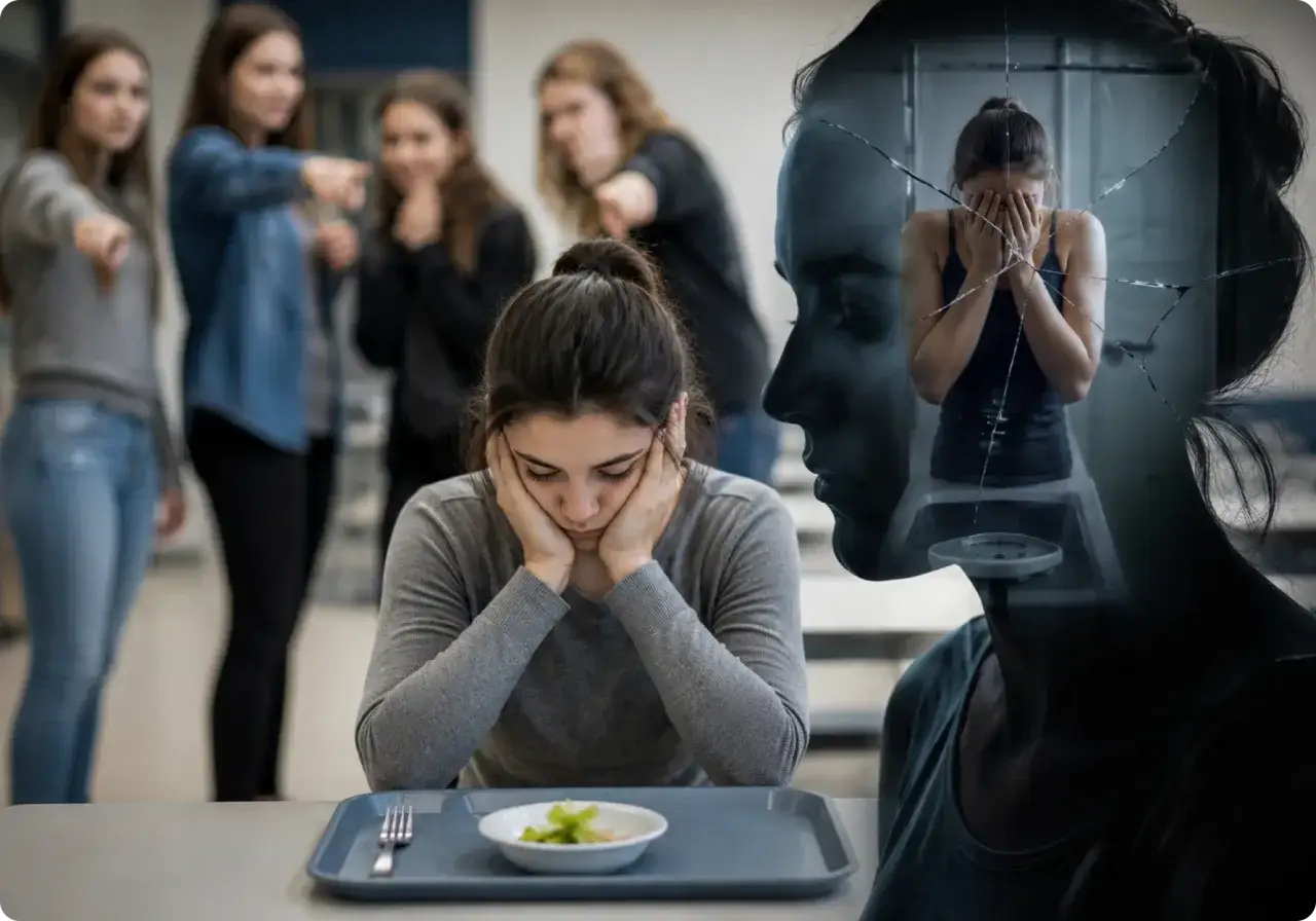 En flicka sitter ensam vid ett bord, medan andra pekar och skrattar. Bilden visar vad som menas med mobbning och dess psykiska effekter.