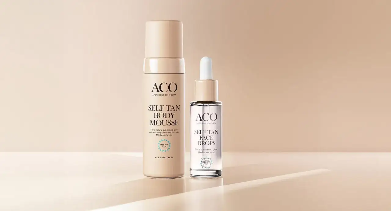 ACO Self Tan Body Mousse och Face Drops ger en naturlig solkysst glow. Perfekt för dig som undrar hur blir man brun med dåligt pigment.