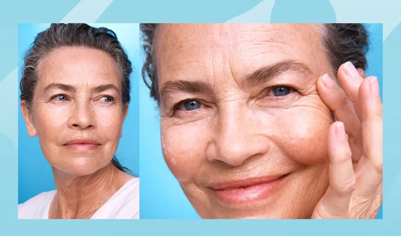 Split image of an older woman's face, showing wrinkles. One side is a profile, the other is a close-up of her eye and cheek.