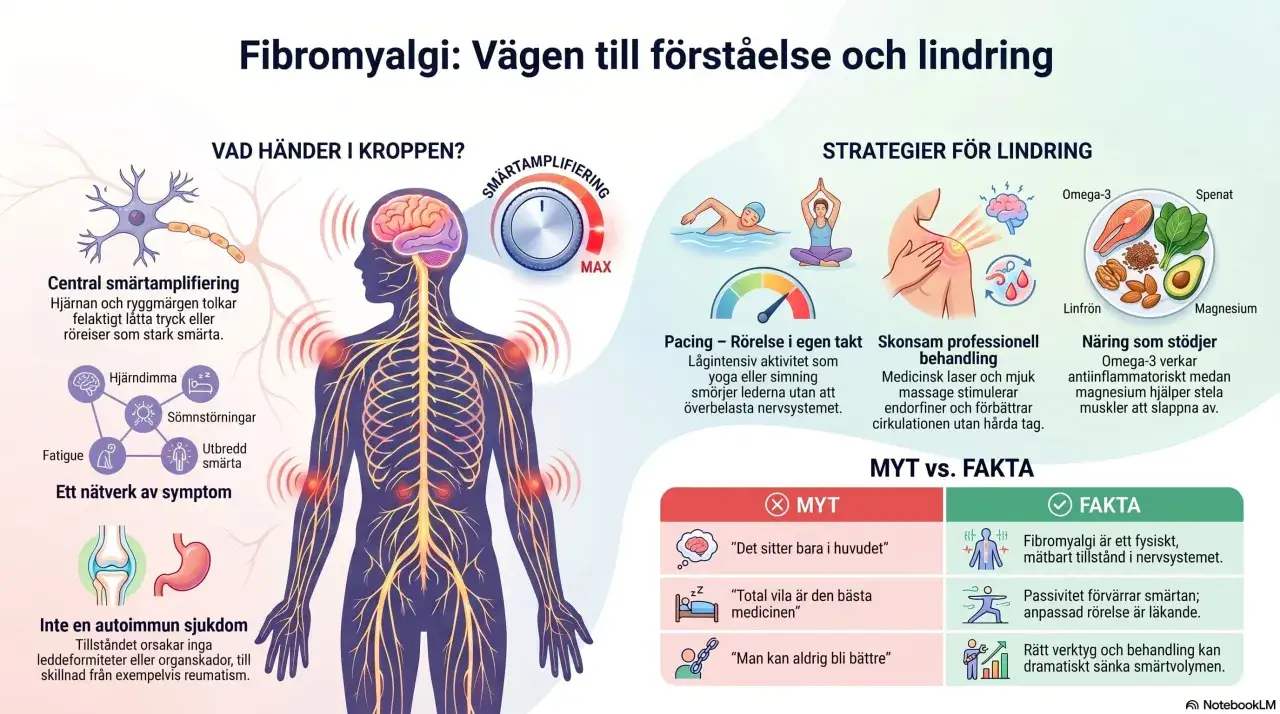 Bilden f&ouml;rklarar fibromyalgi, dess symtom som hj&auml;rndimma och sm&auml;rta, samt strategier f&ouml;r lindring som r&ouml;relse och n&auml;ring.